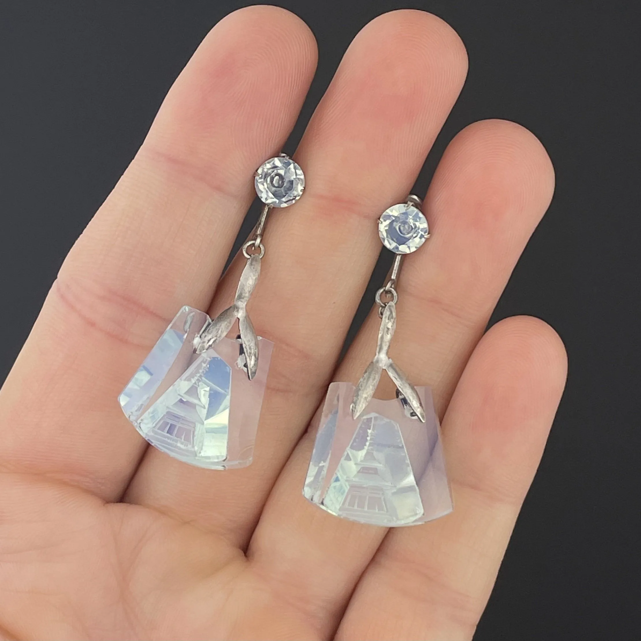 Vintage Silver Moonstone Carved Pagoda Blue Japanese Earrings