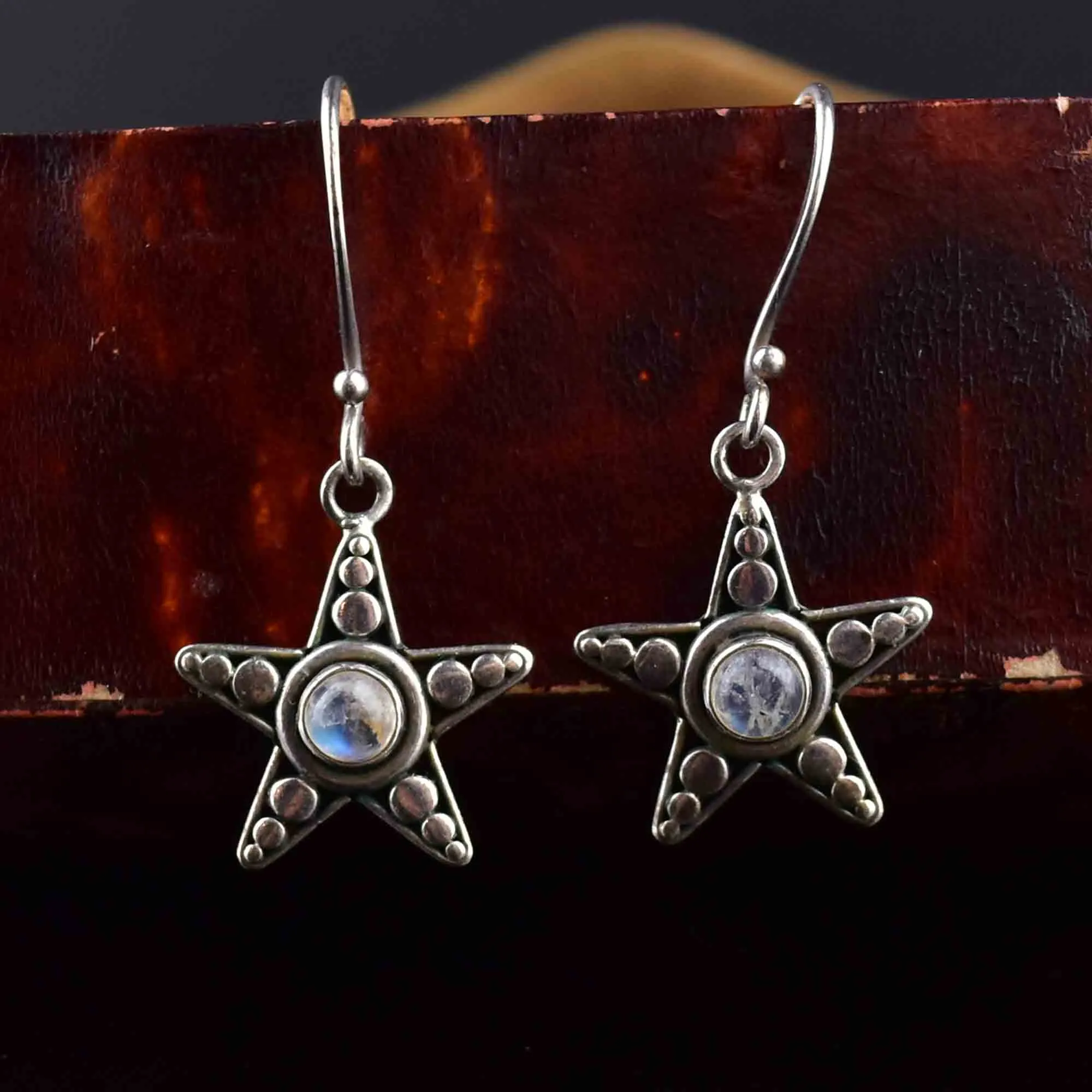 Vintage Sterling Silver Moonstone Star Earrings