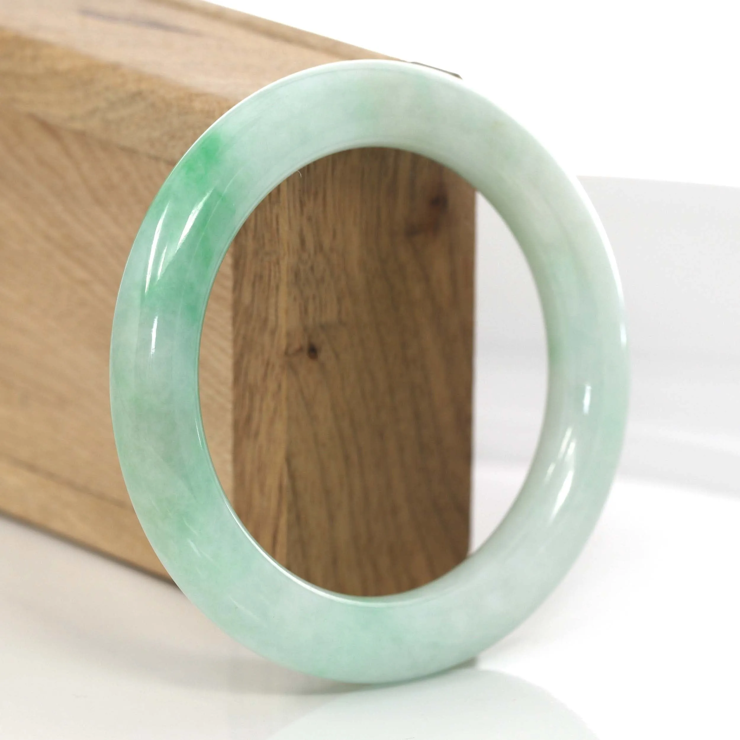 White- Green Genuine Burmese Jadeite Jade Round Bangle Bracelet (55.69 mm) #620