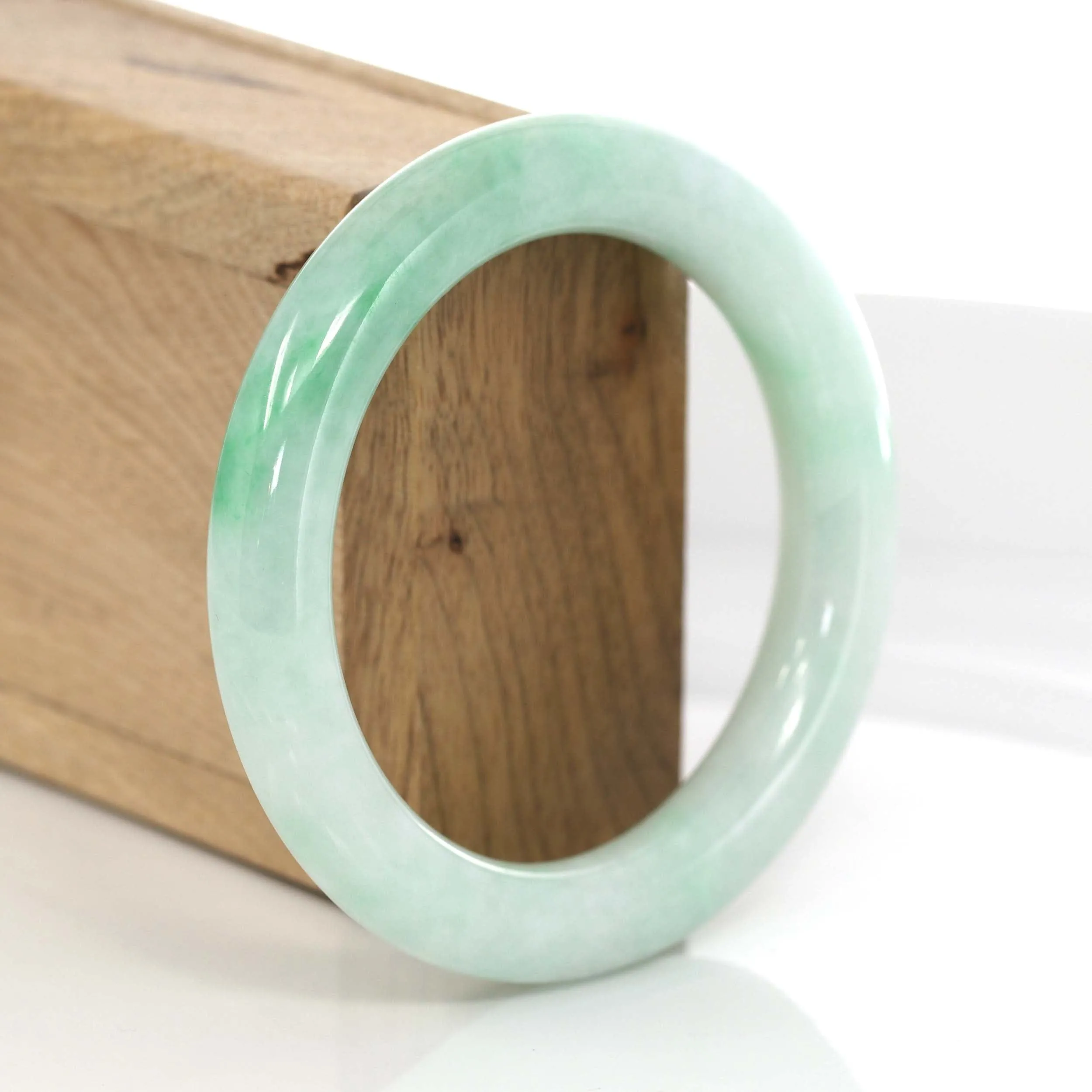 White- Green Genuine Burmese Jadeite Jade Round Bangle Bracelet (55.69 mm) #620