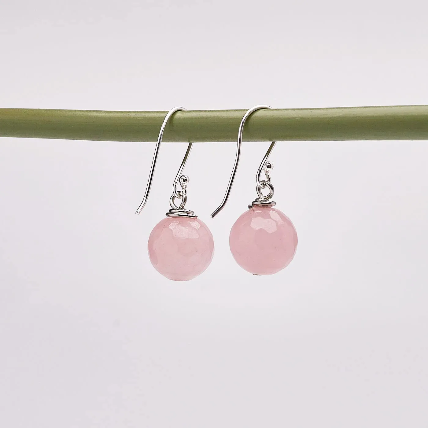 Women's Handmade Beaded Earrings 12Mm Ball Pink Rose Quartz Earrings Sterling Silver Hooks