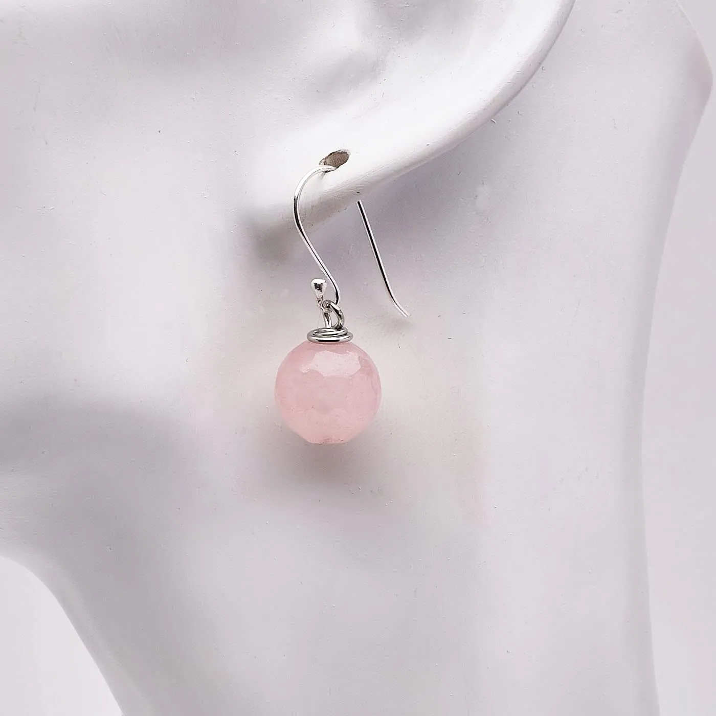 Women's Handmade Beaded Earrings 12Mm Ball Pink Rose Quartz Earrings Sterling Silver Hooks
