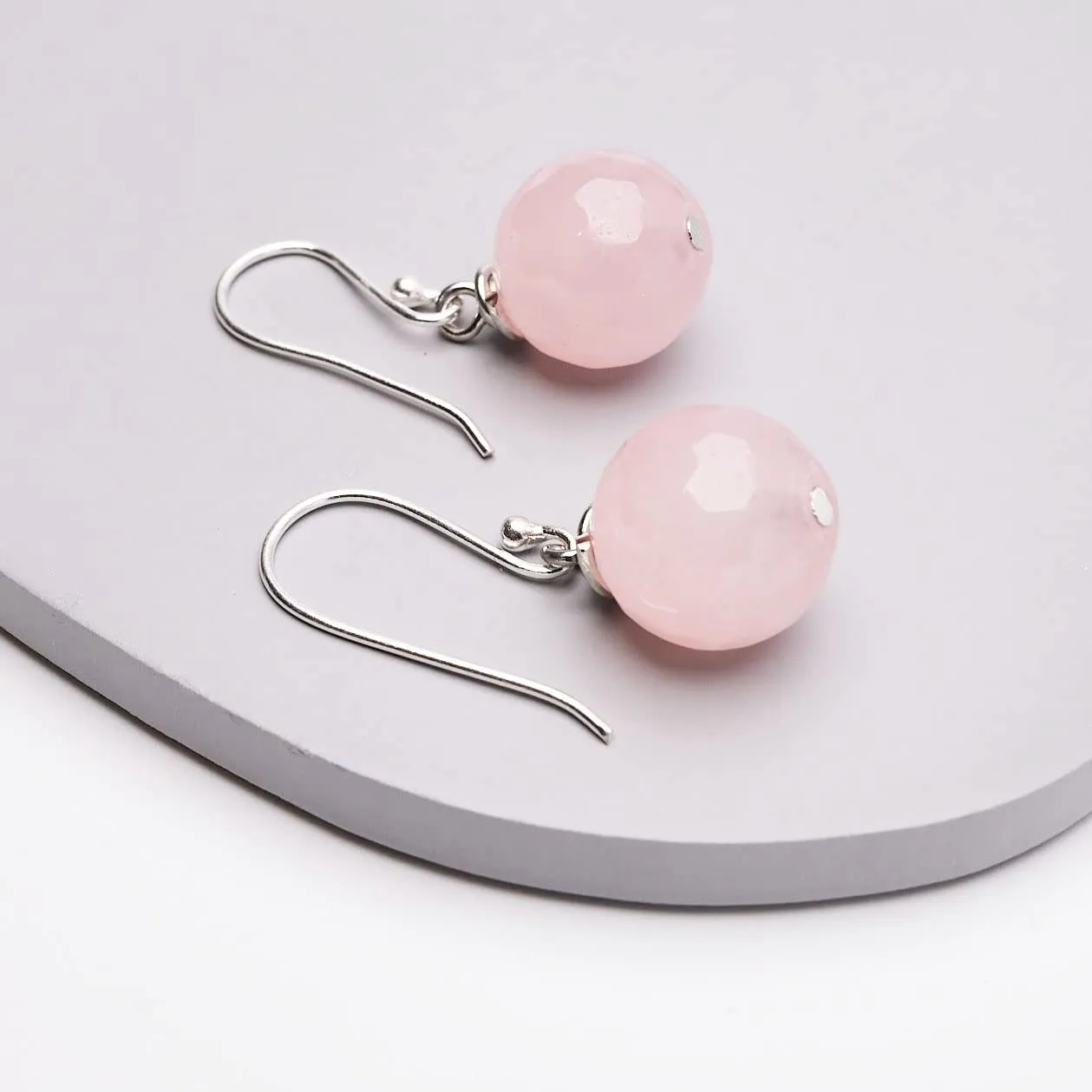Women's Handmade Beaded Earrings 12Mm Ball Pink Rose Quartz Earrings Sterling Silver Hooks